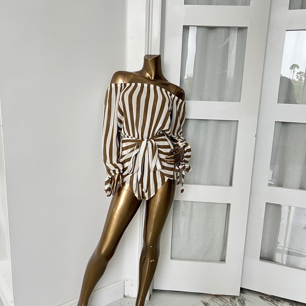 Elegant Brown and White Striped Off-Shoulder Blouse
